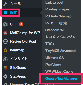 「設定」＞「Google Tag Manager for WordPress」