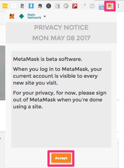 「Metamask（メタマスク）」のアイコンをクリックし、「Accept（同意）」をクリック